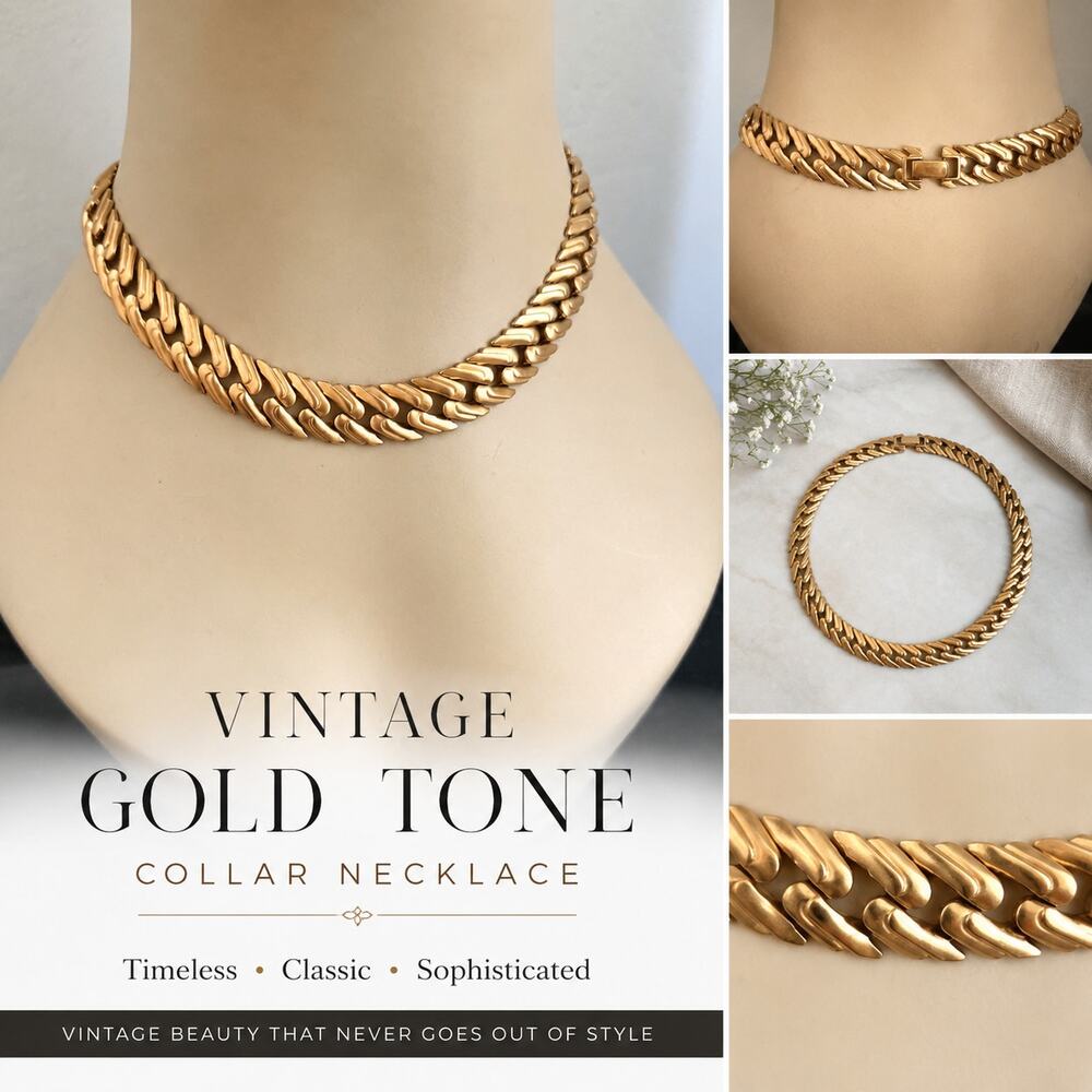 Vintage Monet Gold Tone Collar Necklace 16.5" Herringbone Chevron Link Statement
